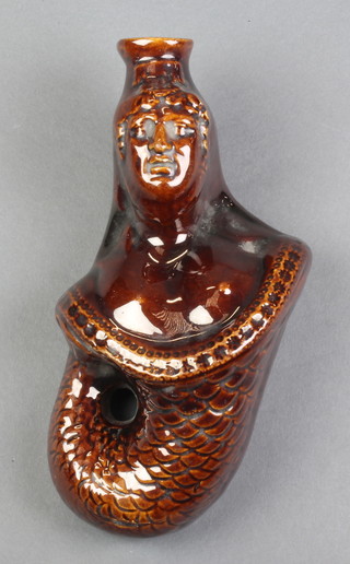 A Victorian brown glazed flask in the the form of a merman 7 1/2" 