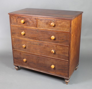 A 19th Century mahogany chest of 2 short and 3 long drawers with tore handles, raised on bun feet 42"h x 22"w x 22"d 