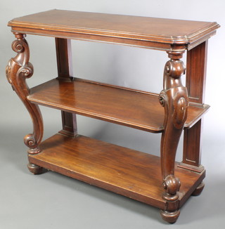 A Victorian 3 tier buffet supported by carved cabriole supports, raised on bun feet 44"h x 49 1/2"w x 20"d 
