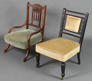 A Victorian walnut stick and rail back nursing chair with upholstered seat together with an ebonised ditto 