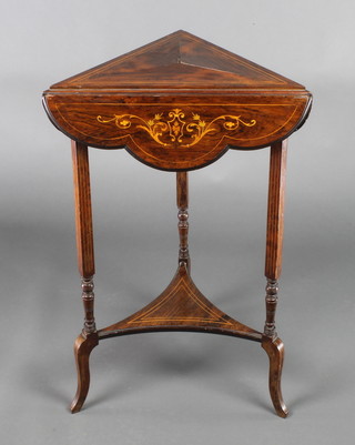 An Edwardian inlaid rosewood triangular shaped drop flap 2 tier occasional table, raised on square supports 27"h x 17"w x 16" when closed x 21" x 21" when open 