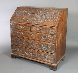 A Georgian carved oak bureau, the fall front with a view of the Death of Admiral Lord Nelson, the interior fitted a cupboard door with a portrait of Nelson, pigeon holes and drawers, fitted 4 short drawers above 3 long graduated drawers, raised on bracket feet 45"h x 42 1/2"w x 22"d.    