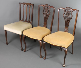 A 19th Century mahogany stick and rail back dining chair with upholstered seat and loose frame together with a pair of walnut bedroom chairs with pierced vase shaped slat backs and upholstered seat, on cabriole supports 