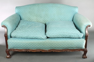 A 1930's Georgian style 3 piece settee suite comprising 2 seat settee and 2 matching armchairs upholstered in blue material, raised on cabriole supports