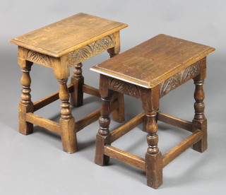 A pair of very similar rectangular carved oak joined stools raised on turned and block supports 17"h x 18"w x 12"