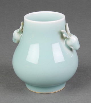 A Chinese antique style turquoise glazed squat baluster vase with stylised deer handles and underglaze blue character mark 4" 