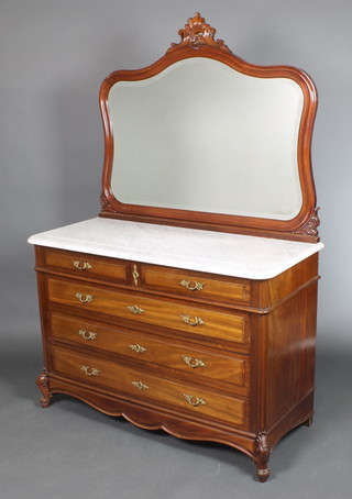 A Continental mahogany dressing chest with raised back having a shaped bevelled plate mirror, the base with white veined marble top and fitted 2 short and 3 long drawers with brass handles, raised on cabriole supports 73"h x 48"w x 20"d 