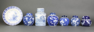 An early 20th Century blue and white ginger jar and cover 6" and 4 others, a blue and white plate and a late blue and white tea canister 