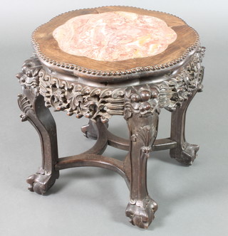 A Chinese circular carved and pierced hardwood jardiniere stand with pink veined marble top, 18"h x 17"w x 16 1/2"d  