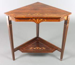 An Edwardian inlaid rosewood 2 tier corner table, inlaid satinwood stringing 27 1/2"h x 28 1/2"w x 18 1/2"d 