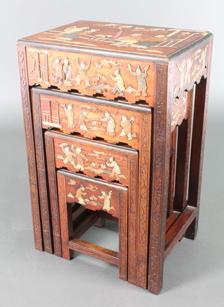 A nest of 4 Chinese rectangular interfitting tables the tops and aprons inlaid hardstone figures, 28"h x 18"w x 13"d, 23"h x 15"w x 12"d, 18"h x 12"w x 11"d, 13"h x 9 1/2"w x 9"d