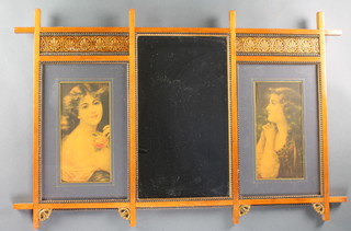 An Edwardian rectangular plate over mantel mirror contained in a pine Oxford style frame and flanked by 2 portrait prints of ladies 23"h x 36"w 