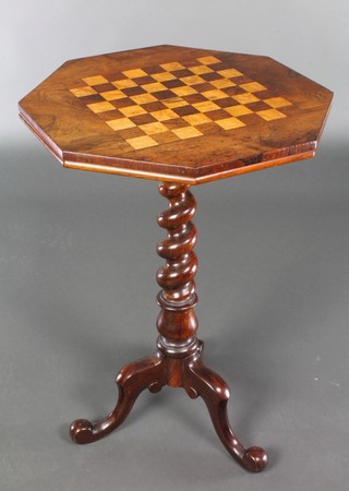 A Victorian octagonal inlaid rosewood chess table raised on a spiral turned column and tripod base 29"h x 19"w x 19"d (formerly the top of a conical work table) 29"h x 19"w x 19"d 