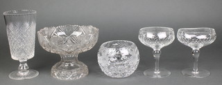 A cut glass tapered vase 8", 2 bowls and 2 shaped sundaes 