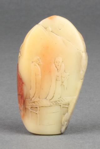 A 19th Century soapstone carving in the round decorated with two figures standing on a bridge a boat on the reverse and leaves growing from an outcrop 2 1/2"