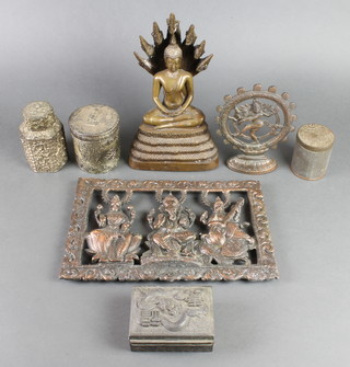 A bronze figure of a seated Buddha 9", a metal plaque decorated Ganesha 8 1/2" x 13", a pierced metal plaque of Kali Yuga 7", 2 antimony boxes and a metal jar and cover