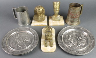 A gilt metal figure of a reclining sphinx on an onyx base 7 1/2", ditto Tuten Kamoon, ditto pharoah, 5 West German SKS pewter plates decorated craftsman 8 1/2", a Benares brass pint and a pewter pint tankard 