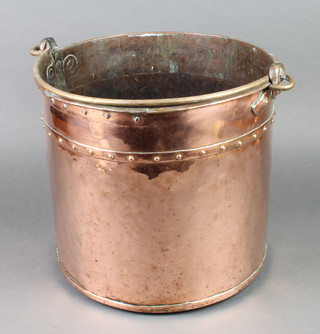 A cylindrical copper coal bucket with brass swing handle, the front engraved B 12"h x 13 1/2" diam. 
