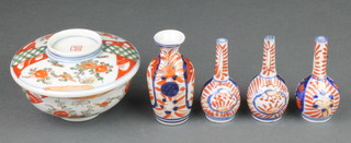 A pair of early 20th Century Imari bottle vases 3 1/2", 2 others and a lidded bowl 