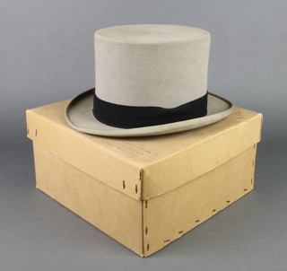 A gentleman's Moss Bross grey top hat 