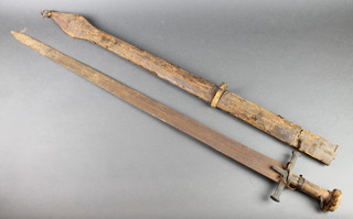 An African double bladed sword with 38" double edged blade, contained in a leather scabbard 
