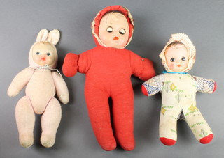 A fabric doll with bunny rabbit with plastic face 11" and 2 others 12" and 9" 