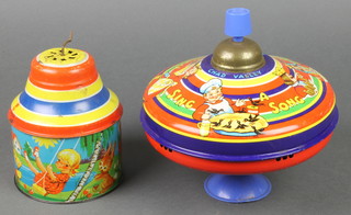 A Chad Valley pressed metal spinning top 8" together with a cylindrical West German Fuchs musical box 5" 