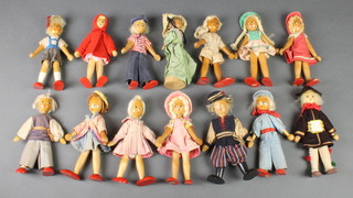 12 various wooden peg dolls and 2 others 