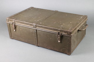 A rectangular metal military instrument box with drop handles and hinged lid 8" x 23" x 14" 