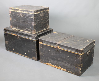 A Victorian leather cloth covered pine travelling trunk with mounts and twin handles to the sides 15"h x 24"w x 16"w, together with 2 others 18"h x 31 1/2" x 20" and 17" x 30" x 18 1/2"  bears label Drinkwater  Late R Wagstaff 