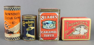 A Slade's Caramel Toffee tin, ditto Roundtrees Clear Gums tin, a Cerebos salt tin and a Thorntons Special Toffee tin 