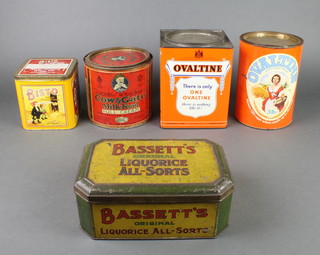 A Cow & Gate cylindrical tin, a Bassett's Original Liquorice Allsorts tin, 2 Ovaltine tins and a Bisto tin 