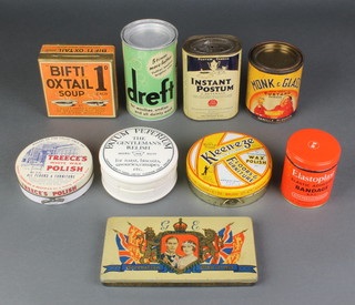 A tin of Bifti Oxtail soup, a tin of Monk and Glass custard, a tin of Treece's wax polish, a tin of Kleen-e-ze floor and furniture polish, a tin of instant Postum powder, a Fry's chocolate tin to commemorate the 1937 Coronation of George VI, a tin of Dreft, an Elastoplast tin and a ceramic Patum Peperium gentleman's relish 
