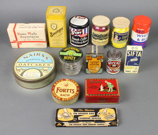 A jar of Burton & Sons Finest Raspberry and Red Currant jam, a bottle of Moorhouse lemon curd, a Thornton's Extra Super Cream Toffee tin, a Lutona Cocoa tin and other various tins 