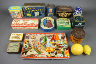 A Lingfords baking powder tin, an Oxade lemonade tin, a Vogue Cigarette Tobacco tin and various other tins