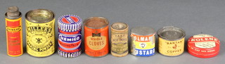 A Bantam 1 oz tin of coffee, a Miller's cylindrical 'British Baking Powder' tin, ditto Chemico 'Grinding Paste', ditto Mitre 'Whole Cloves' tin, ditto Dunlop "Small" Rubber Solutions tin (slight dent), Ditto East and West Indies Ground Cinnamon tin, a Kolene dry scalp ointment tin and an oval Colman's mustard tin (label damaged) 