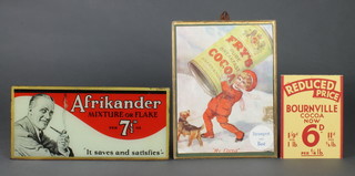 A glass shop sign for Afrikander Mixture and Flake 5 1/2" x 11" (slight chip to corner), a card sign for Fry's Cocoa Bournville 6" x 4 1/2"



