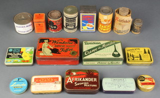 A tin of  Ting size Club silico enamel, a tin of C.W.S baking powder, a Howards bi-carbonate of soda, a tin of Burdall's gravy salt, a Flying Bird Danish cream collecting tin, a tin of Dilly Duckling cough pastilles, a tin of Pineate throat tablets, a tin of Alex Parsons solid hair cream and 8 other tins and a glass bottle 