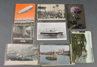A Zeppelin brochure for Luftschiffbau Zeppelin G.M.B.H, a black and white postcard for Boulogne-Sur-Mer and with Army Post Office and past sensor frank and other postcards