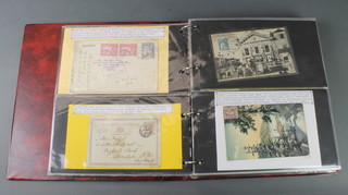 An album containing various Mongolian covers and postcards including Mongolian Hong Kong Aden covers, postcards and bank notes