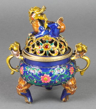 20th Century cloisonne style Koro and cover with Shi Shi finial and lion handles on mask knees with claw feet 7" 