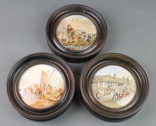 3 Victorian Prattware pot lids - Shakespeare's House, Henley Street, Stratford on Avon and 2 others, framed  