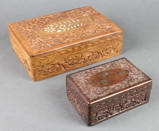 A Burmese carved hardwood box with hinged lid 3" x 10" x 7" and 1 other 2" x 6" x 4" 