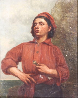 A 19th Century oil painting on canvas, monogrammed, portrait study of a young Continental man looking out to sea, 19 1/2" x 15 1/2" 