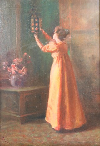  Marks, oil on canvas, study of a lady lighting a lantern 19" x 13" 