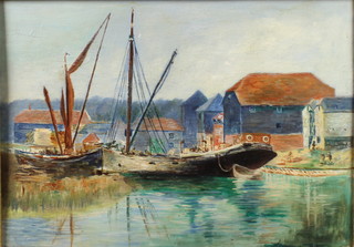 An Edwardian oil on panel, unsigned, Norfolk scene with barges, 9 1/2" x 13 1/2" 