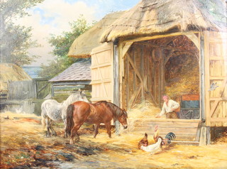 W H Hopkins, oil on canvas, signed, a study of a barn with a man feeding horses and chicken 18" x 19" 