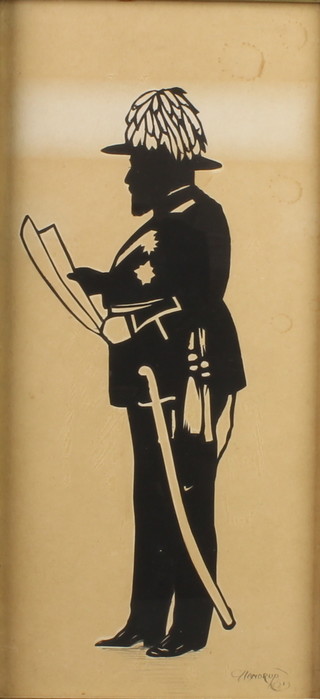 Handrop, silhouette miniature of Edward VII, signed 13" x 6" 