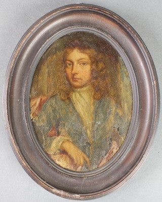 An 18th Centur,y oil, on copper panel, miniature portrait of a gentleman wearing a blue coat 5 1/2" x 4 1/2" 