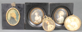 An 18th Century watercolour, oval portrait miniature of a gentleman in profile 3 1/4" x 2 1/4", a pair of 20th Century oval watercolour portrait miniatures of ladies in ebonised frames 3 1/4" x 2 1/4", and 2 miniature printed portraits of ladies in gilt frames 
 